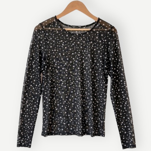 Zara Tops - Zara Shirt Women Large Black White Long Sleeve Tee Mesh Star Print Crew Y2K 90s